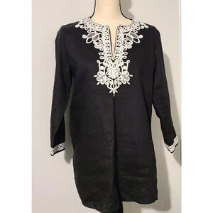 JONES NEW YORK Split Neck TUNIC TOP Blouse LINEN BLACK Soutache Embroidery MED